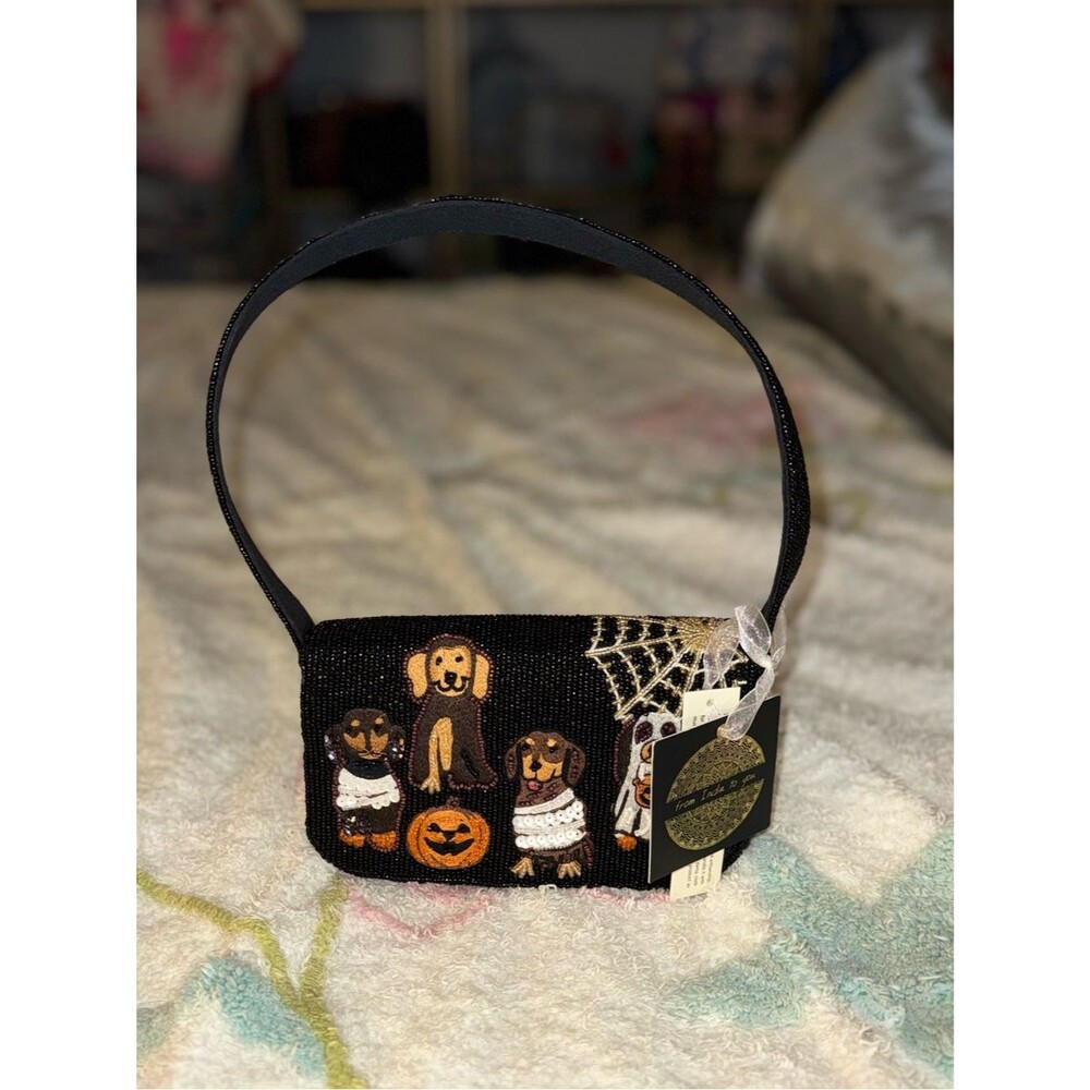 NWT Viral Handcrafted Beaded Halloween Dogs Shoulder Bag Spooky